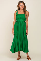 Green Shirred Shoulder Tie Maternity Midi Dress