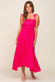 Fuchsia Shirred Shoulder Tie Midi Dress