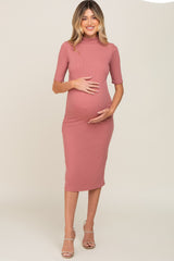 Mauve Ribbed Mock Neck Maternity Midi Dress