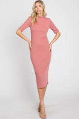 Mauve Ribbed Mock Neck Maternity Midi Dress