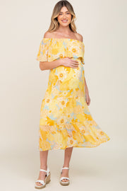 Yellow Floral Flounce Off Shoulder Maternity Midi Dress