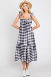 Navy Blue Checkered Linen Sweetheart Neck Ruffle Strap Midi Dress