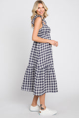 Navy Blue Checkered Linen Sweetheart Neck Ruffle Strap Midi Dress