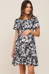 Black Floral Smocked Gathered Tier Maternity Dress