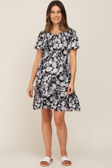 Black Floral Smocked Gathered Tier Maternity Dress