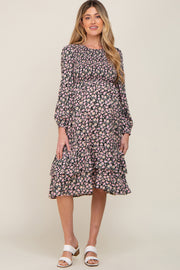 Black Floral Smocked 3/4 Sleeve Tiered Maternity Midi Dress