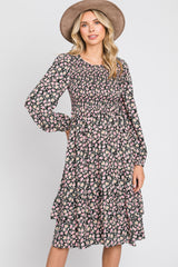 Black Floral Smocked 3/4 Sleeve Tiered Maternity Midi Dress