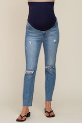 Blue Distressed Raw Hem Maternity Jeans