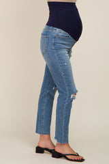 Blue Distressed Raw Hem Maternity Jeans