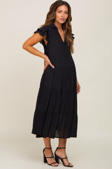 Black Flutter Sleeve Tiered Maternity Midi Dress