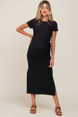 Black Front Tie Side Slit Maternity Midi Dress