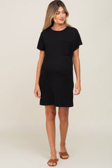 Black Ribbed Front Pocket Dolman Short Sleeve Maternity Dress