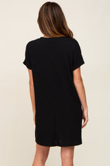 Black Ribbed Front Pocket Dolman Short Sleeve Dress