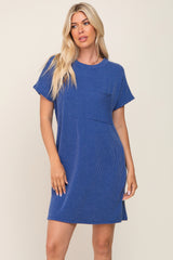 Royal Blue Ribbed Front Pocket Dolman Short Sleeve Dress