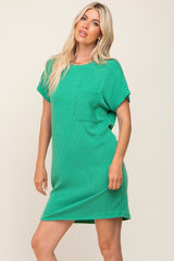 Green Ribbed Front Pocket Dolman Short Sleeve Dress