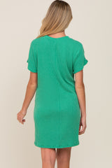 Green Ribbed Front Pocket Dolman Short Sleeve Maternity Dress