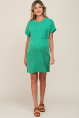 Green Ribbed Front Pocket Dolman Short Sleeve Maternity Dress