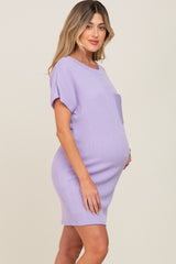 Lavender Ribbed Front Pocket Dolman Short Sleeve Maternity Dress