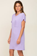 Lavender Ribbed Front Pocket Dolman Short Sleeve Dress