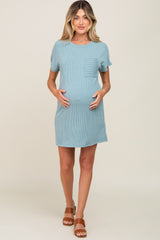 Mint Green Ribbed Front Pocket Dolman Short Sleeve Maternity Dress