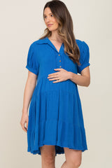 Royal Blue Tiered Collared Linen Maternity Dress