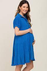 Royal Blue Tiered Collared Linen Maternity Dress