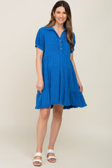 Royal Blue Tiered Collared Linen Maternity Dress