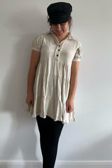 Cream Tiered Collared Linen Dress