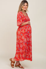 Red Floral Smocked Square Neck Tiered Maternity Midi Dress