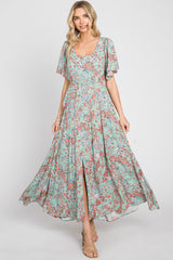 Mint Green Floral Button Front Short Flutter Sleeve Maxi Dress