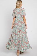 Mint Green Floral Button Front Short Flutter Sleeve Maxi Dress