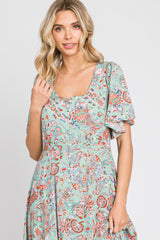 Mint Green Floral Button Front Short Flutter Sleeve Maxi Dress