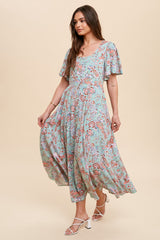 Mint Green Floral Button Front Short Flutter Sleeve Maternity Maxi Dress