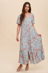 Mint Green Floral Button Front Short Flutter Sleeve Maxi Dress