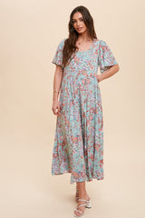 Mint Green Floral Button Front Short Flutter Sleeve Maxi Dress