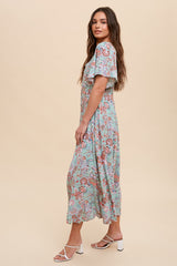 Mint Green Floral Button Front Short Flutter Sleeve Maxi Dress