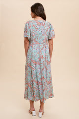 Mint Green Floral Button Front Short Flutter Sleeve Maxi Dress