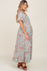 Mint Green Floral Button Front Short Flutter Sleeve Maternity Maxi Dress