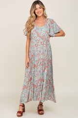 Mint Green Floral Button Front Short Flutter Sleeve Maternity Maxi Dress