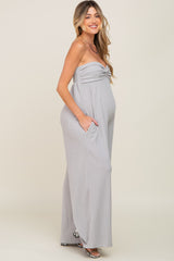 Grey Strapless Front Twist Maternity Jumpsuit