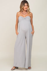 Grey Strapless Front Twist Maternity Jumpsuit