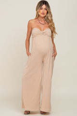 Taupe Strapless Front Twist Maternity Jumpsuit