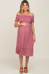 Mauve Off Shoulder Smocked Maternity Midi Dress