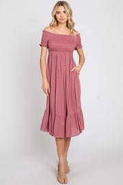 Mauve Off Shoulder Smocked Midi Dress