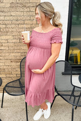 Mauve Off Shoulder Smocked Maternity Midi Dress