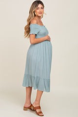 Sage Off Shoulder Smocked Maternity Midi Dress