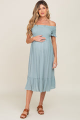 Sage Off Shoulder Smocked Maternity Midi Dress