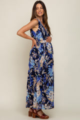 Navy Floral Pleated Waist Maternity Maxi Dress