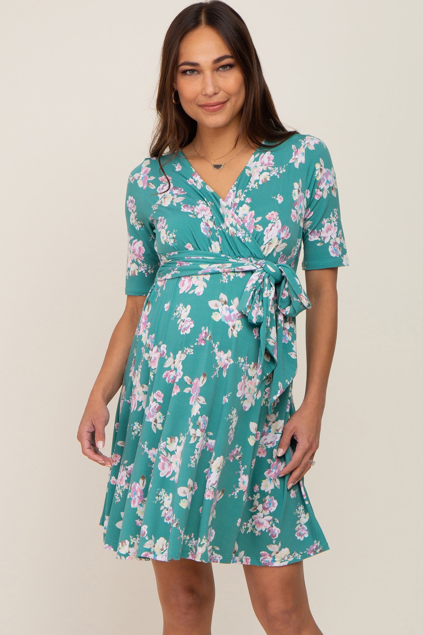 Jade Floral Wrap Front V-Neck Short Sleeve Maternity Dress – PinkBlush