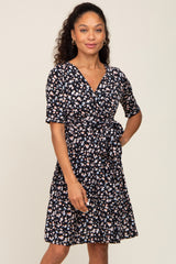 Black Floral Wrap Front V-Neck Short Sleeve Maternity Dress